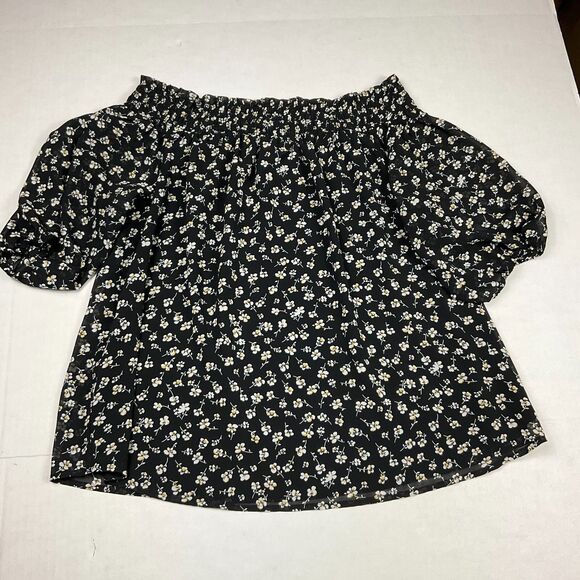 Pleione Blouse Floral Print Off The Shoulder Smocked Short Sleeve Shirt LARGE - Picture 1 of 11